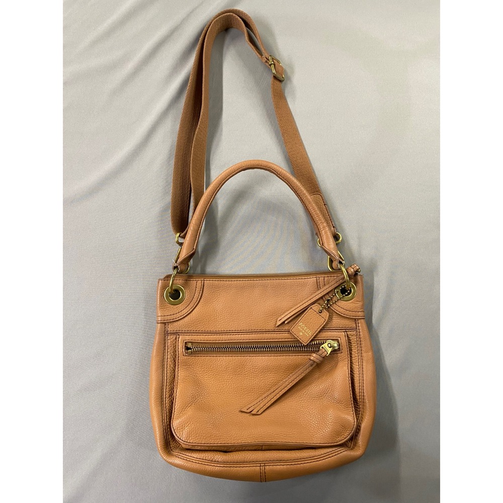 Fossil Brown Genuine Pebbled Leather Crossbody Bag Purse Zip Small Everyday - Picture 1 of 13